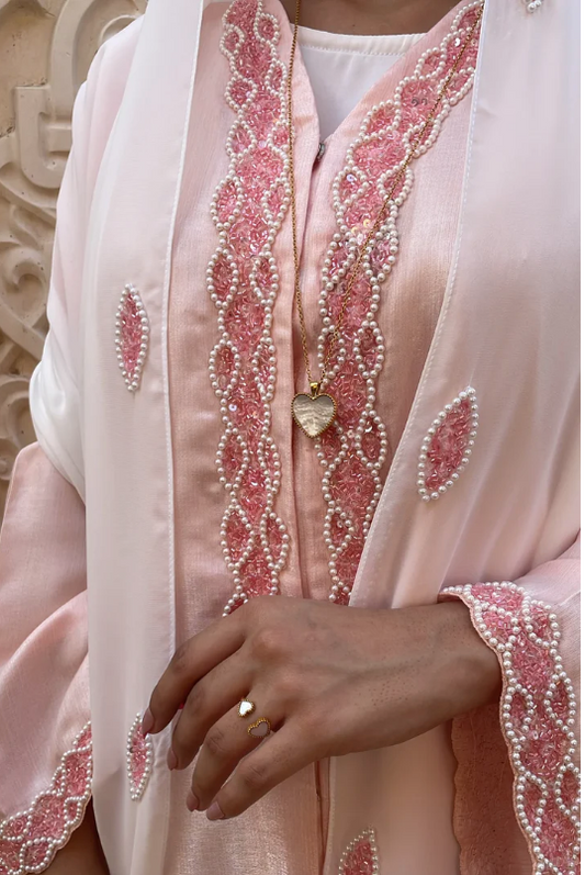 Blush Pearl Embroidered Pink Abaya Set